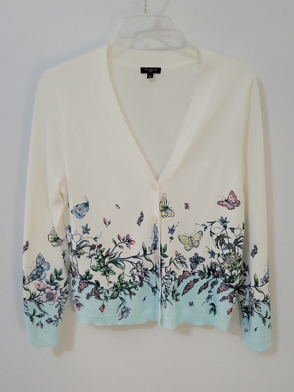 Talbots White Cardigan with Pastel Floral & Butterfly Border